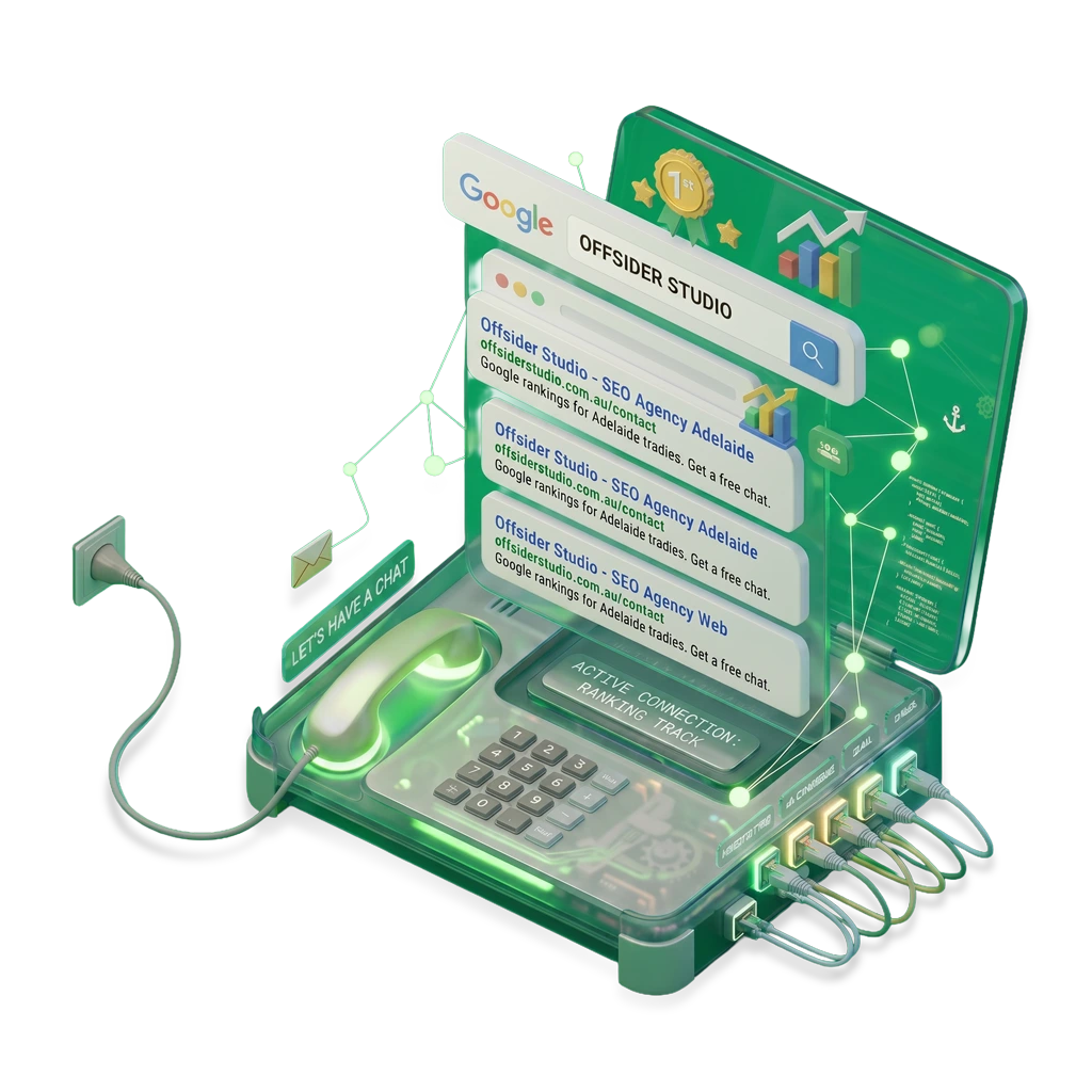 Stylised green phone and Google search listing for Offsider Studio SEO Agency Adelaide