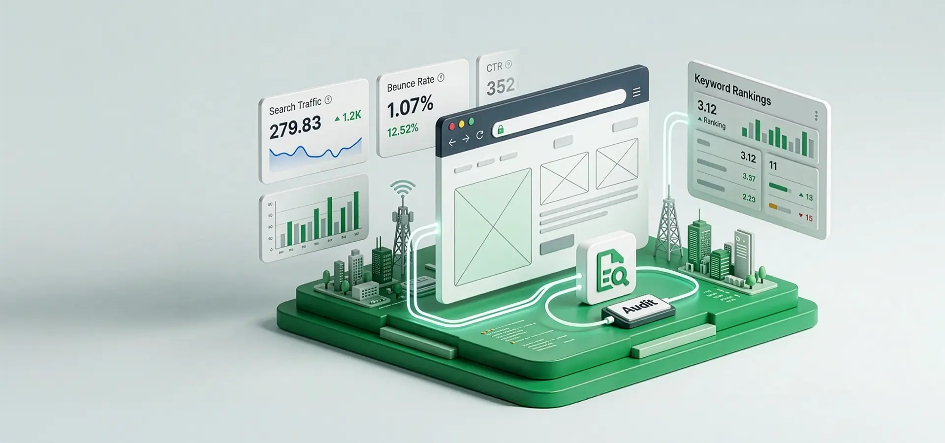 3D illustration of an SEO dashboard showing search traffic, bounce rate, CTR and keyword rankings