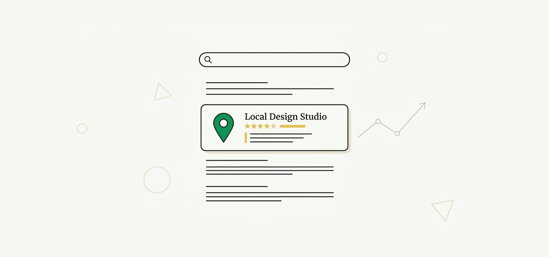Illustration of Google search results with a Local Design Studio listing, map pin and star rating