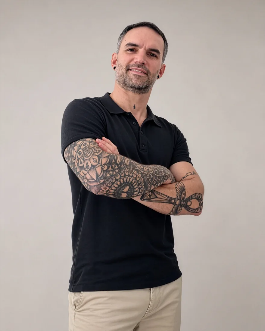 Felipo, who runs Offsider Studio, standing with his arms folded