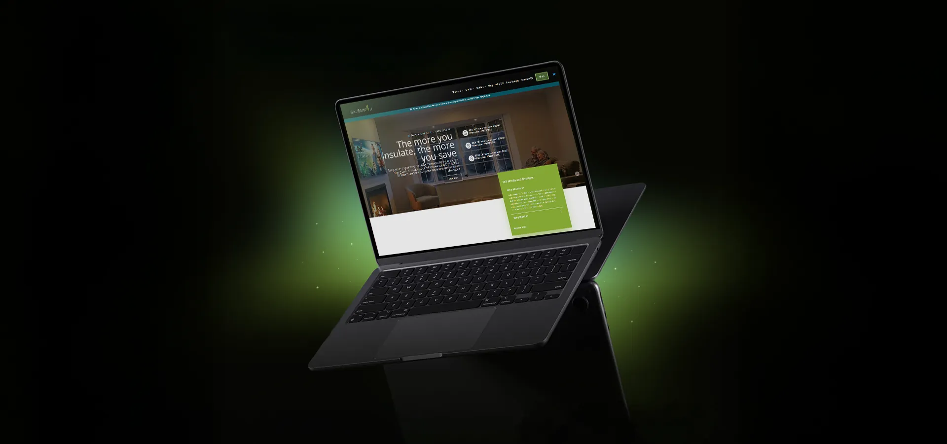 Laptop on a green glow showing the redesigned Shutters4u homepage.